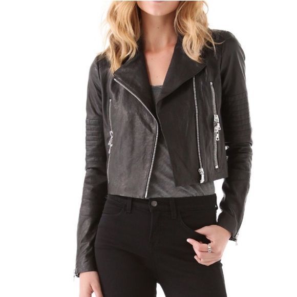 J Brand Brand Aiah Black Lambskin Black Leather Moto Cropped Jacket M
